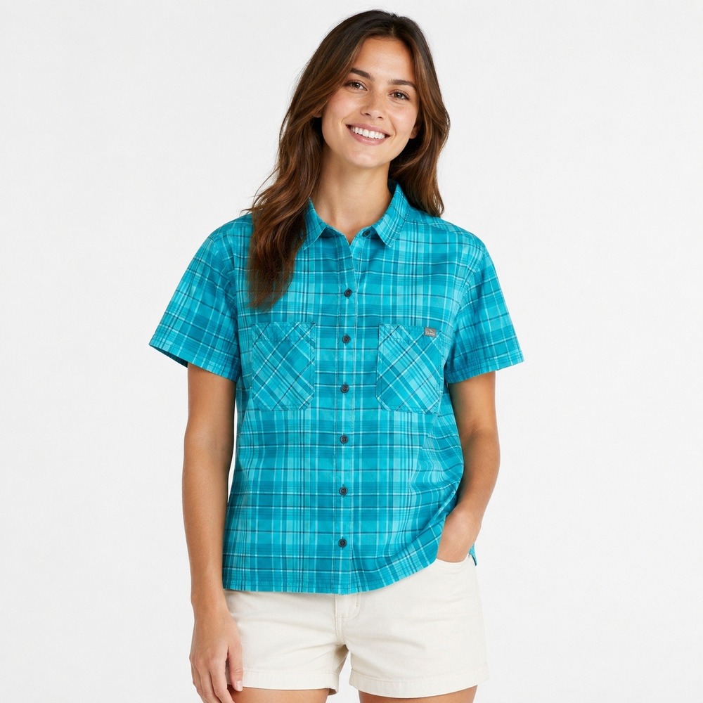 L.L. Bean Womens Everyday SunSmart Woven Shirt Teal Plaid Short Sleeve Petite L